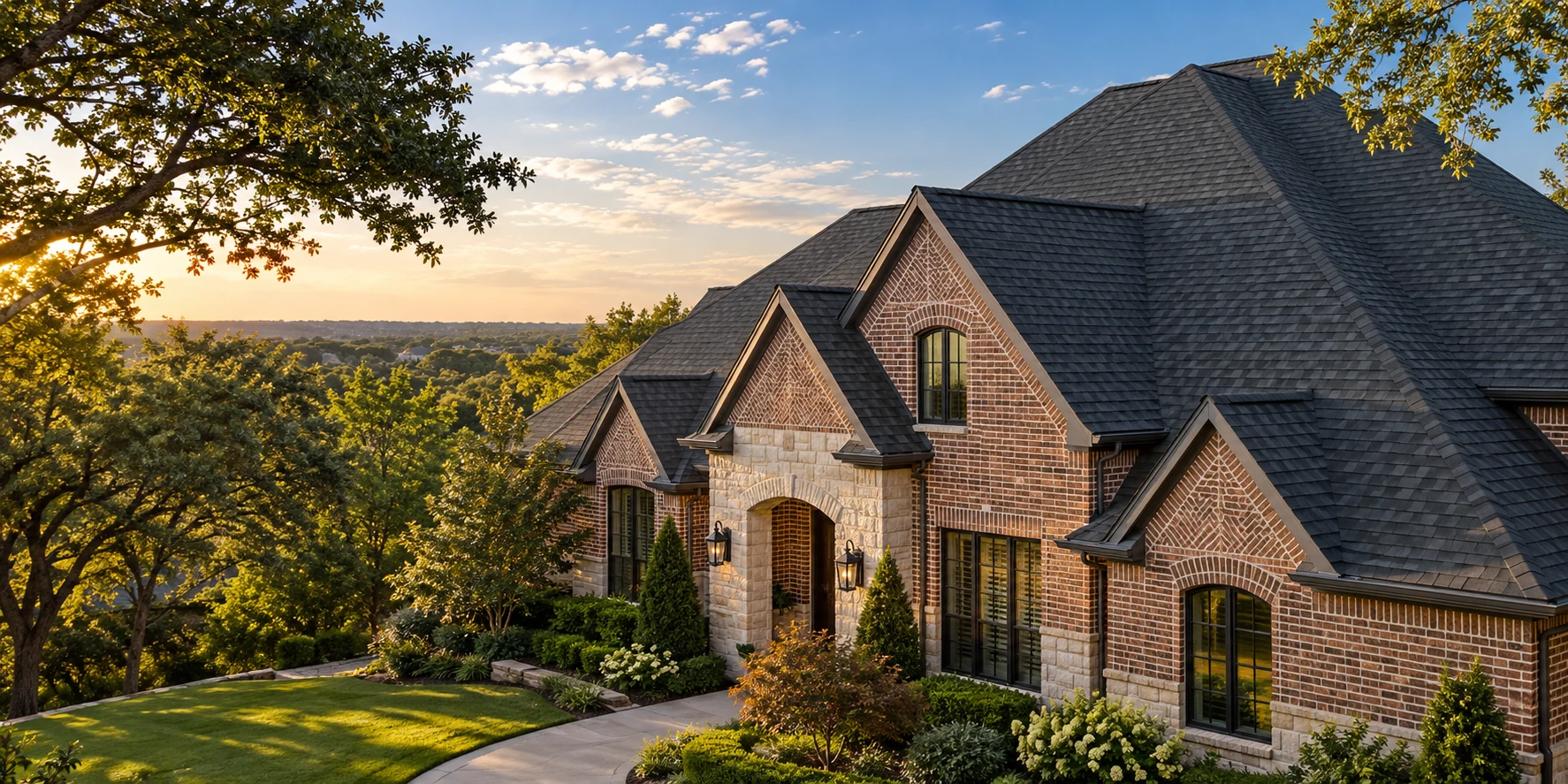 Illustrative brick home and shingle roof
