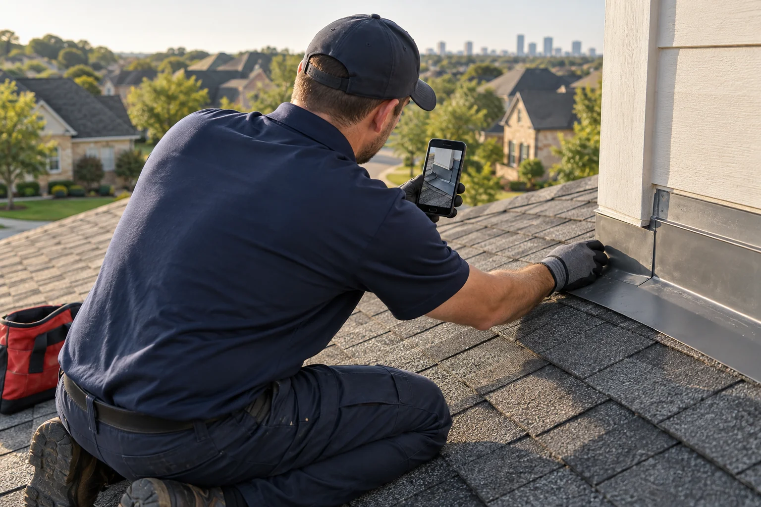 Illustrative professional inspecting a roof